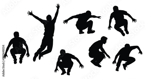 Collection of diverse black silhouettes depicting men performing athletic jumps and parkour landings