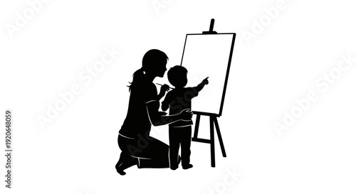 Mother and Child Painting Together on Easel.