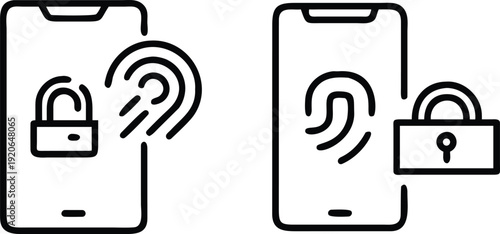 Mobile Fingerprint Authentication and Biometric Security Line Icon Set for Fintech Apps, Secure Login Interface Symbols with Digital Fingerprint Scan and Padlock for Smartphone Safety