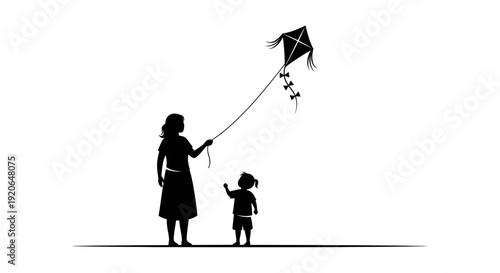 Mother and child flying a kite together outdoors.