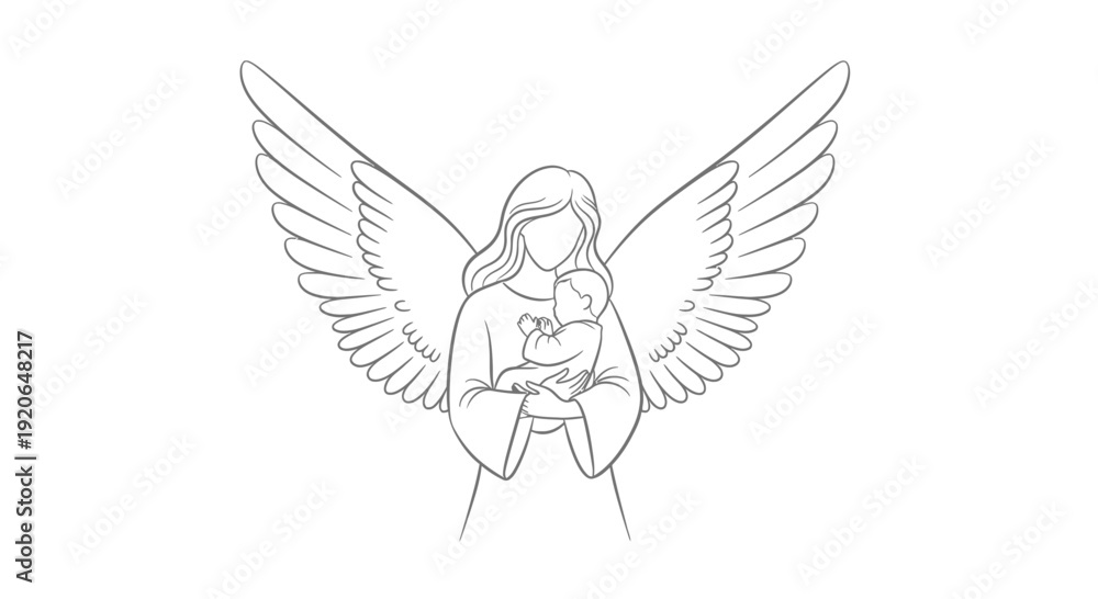 Obraz premium Angel holding a star with wings outstretched in a minimalist line drawing.
