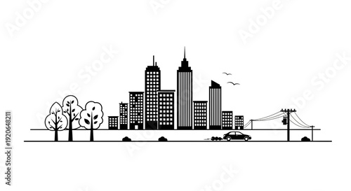 Black and white cityscape with modern skyscrapers and bridge.