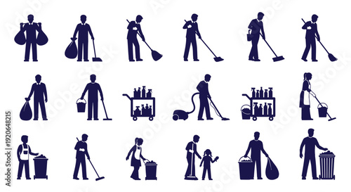 Collection of diverse cleaning staff silhouettes performing various maintenance and janitorial duties indoors and outdoors