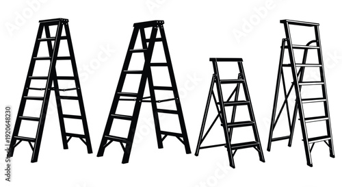 Collection of four black and white step ladder silhouettes isolated against a bright background