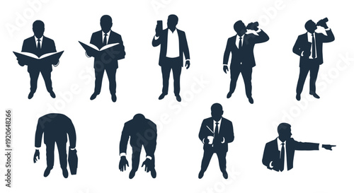 Collection of dark blue businessman silhouettes showing various actions like reading drinking and pointing