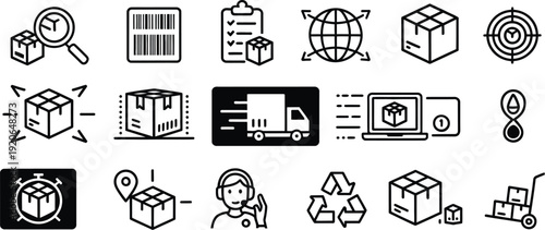 logistics and supply chain management line icon set for shipping, warehouse, and global delivery