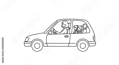 Simple line drawing of a car with two dogs inside.