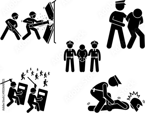 Stick figures illustrating various scenes of law enforcement, crime, arrest, and riot control.