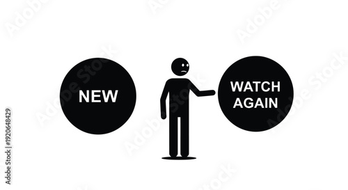 Confused stick figure person standing between options labeled new and watch again