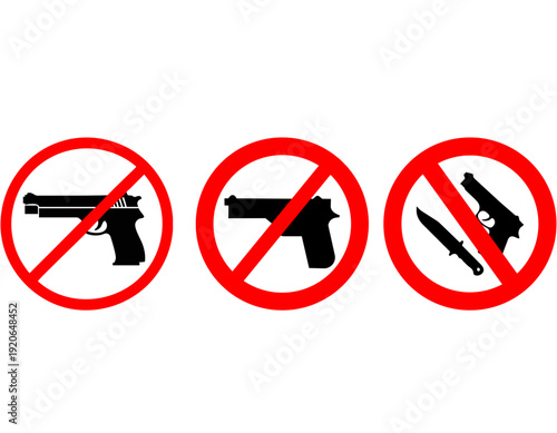 Three red circular prohibition signs with black silhouettes of handguns and a knife, indicating no weapons allowed.