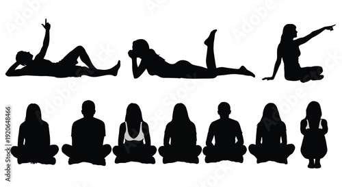 Collection of diverse people silhouettes showing various relaxed and seated positions for leisure activities