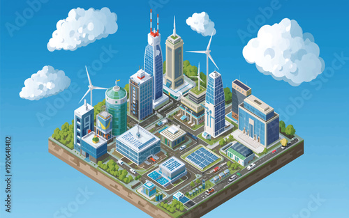 Mobile phone with cityscape and technology elements in isometric style