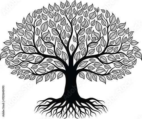 Black vector silhouette of a symmetrical tree with dense leafy branches and visible root system for nature environment genealogy and life cycle branding