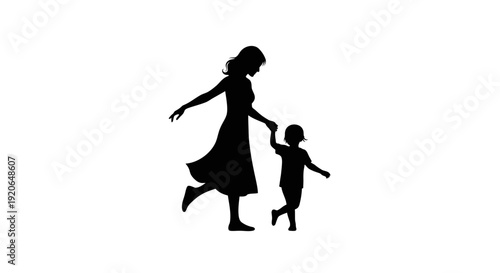 Silhouette of a mother holding hands with her child and dancing together.