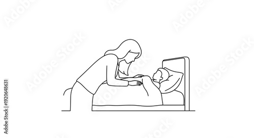 Mother gently feeding or caring for her baby in bed.