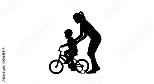 Mother teaching child to ride a bicycle silhouette.