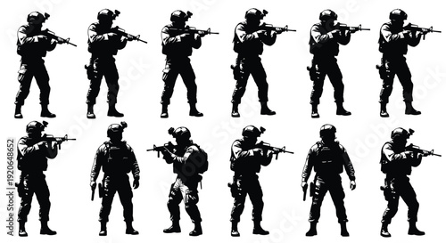 Collection of tactical military soldiers silhouettes in various dynamic action poses holding rifles