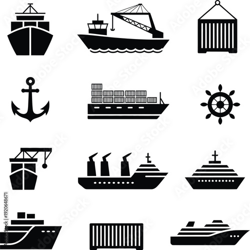 maritime shipping and cargo transport vector icon set
