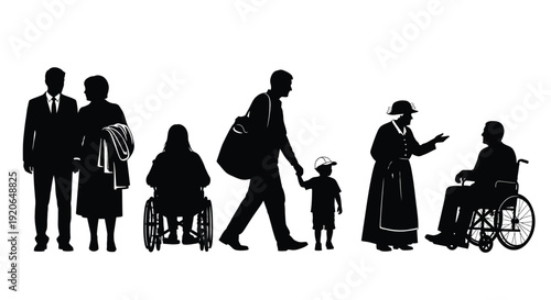 Diverse group silhouettes represent people of different ages and mobility challenges together
