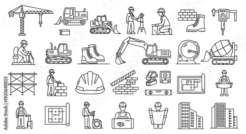 Construction Icons Set with Workers and Equipment.