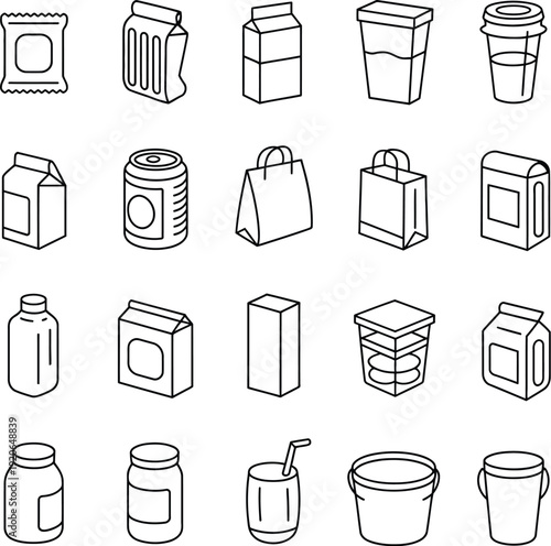 food and beverage packaging line icons set - product safety and handling symbols