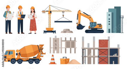 Construction Site Equipment and Workers Illustration.