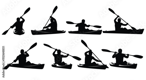 Collection of eight black silhouette icons depicting kayakers paddling across the water surface