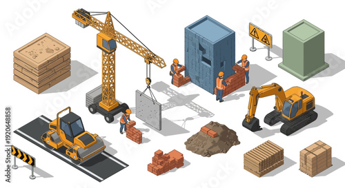 Construction Site Equipment and Machinery Isometric View.