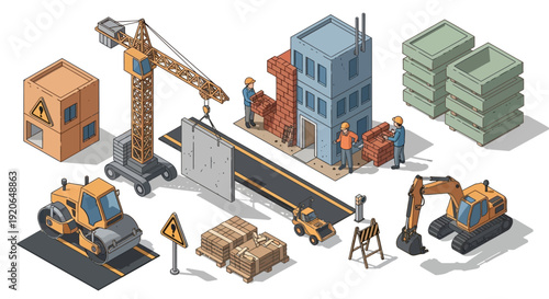 Construction Site with Heavy Machinery and Workers.