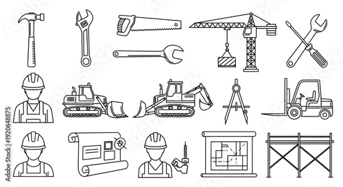 Construction Tools and Equipment Icons Set.