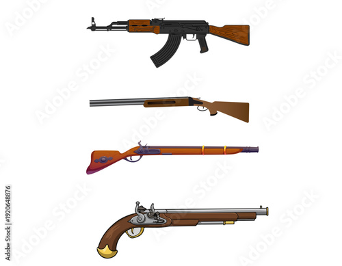 A collection of four distinct firearms including an assault rifle, a shotgun, a musket, and a flintlock pistol displayed vertically.