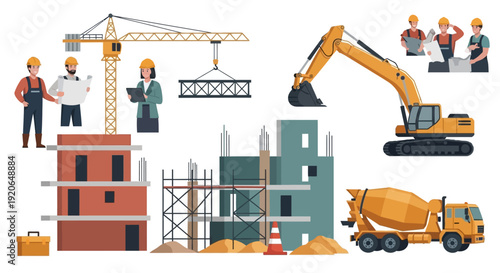 Construction Site with Workers and Machinery.