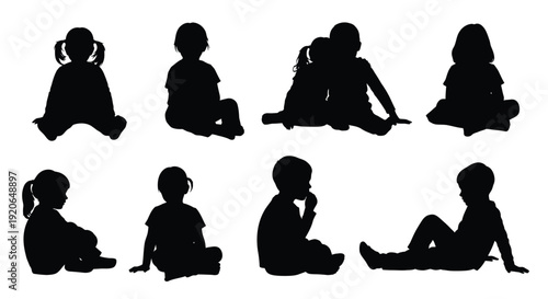 Collection of diverse young children silhouettes sitting together illustrating childhood play and rest