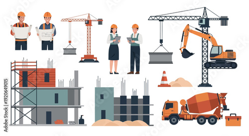 Construction workers and heavy machinery equipment 4.