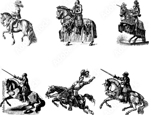 Six detailed illustrations of medieval knights in full armor on horseback, ready for jousting or battle.
