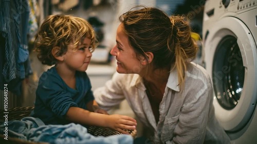 Mother Doing Laundry with Child Sitting in Basket