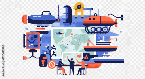 Underwater exploration and technology with people observing a map.