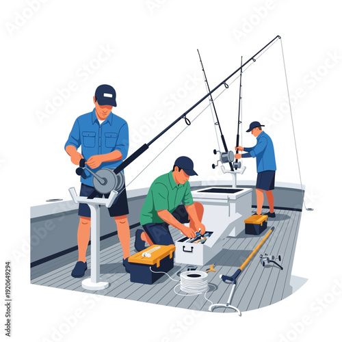 Men fishing on a boat with fishing rods and equipment.