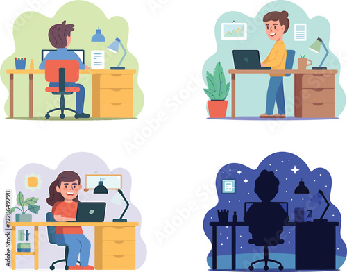 People working on computers in different settings and times of day desks lamps plants
