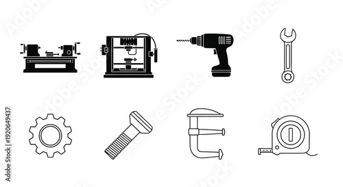 Black icons depicting various tools and mechanical components