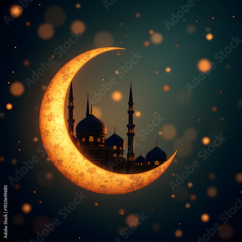 Crescent moon with Islamic mosque, glowing lights.