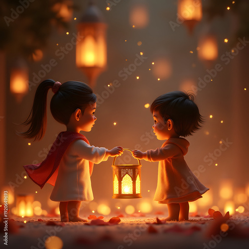 Two children holding glowing lanterns, surrounded by blurred lights, in a warm, festive setting.