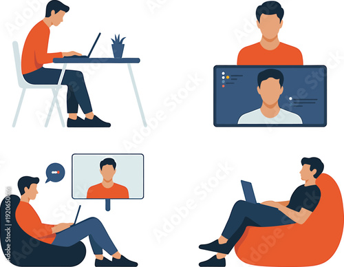 Men working remotely on laptops with calls remote work orange shirts