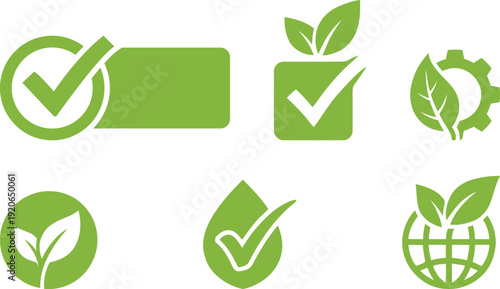 Green Eco Check Mark Icons Set with Leaf Globe and Recycling Symbols Vector Collection