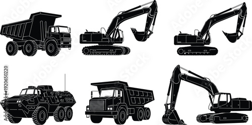 Black vector silhouette set of heavy construction machinery including excavators dump trucks and armored vehicles for industrial site building mining and earthmoving equipment branding