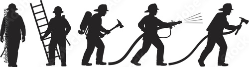Firefighter silhouette illustration, emergency response action poses, fire truck ladder hose axe teamwork, rescue safety protection concept design