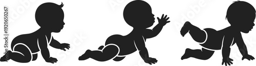 Baby crawling silhouette, infant motor skills development stages, child growth progression illustration, early childhood milestone learning movement concept