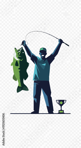Fisherman holds up a large fish with arms raised in victory.
