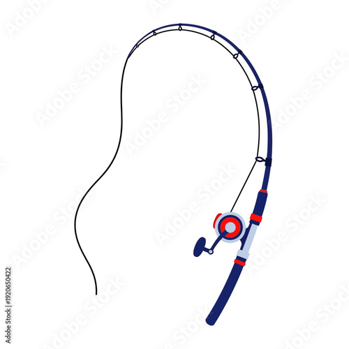 Fishing rod with reel and line on a white background