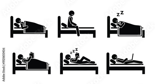Collection of black silhouette stick figures depicting various activities performed while lying in or sitting on a bed